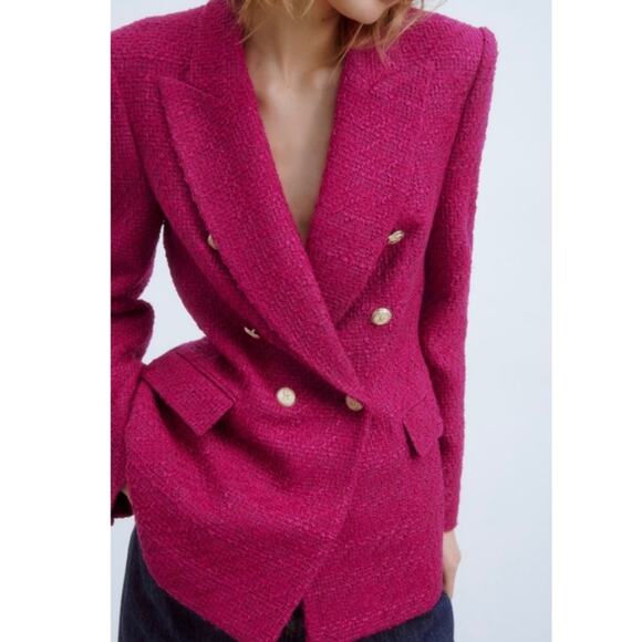 NEW Zara Fuschia Pink Double Breasted Textured Tweed Blazer Jacket M - Picture 8 of 8